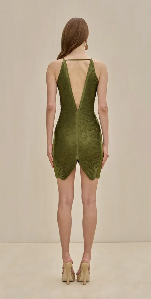 Halter Backless Velvet Patchwork Slim-Fit Mini Dresses-Green - Image 3