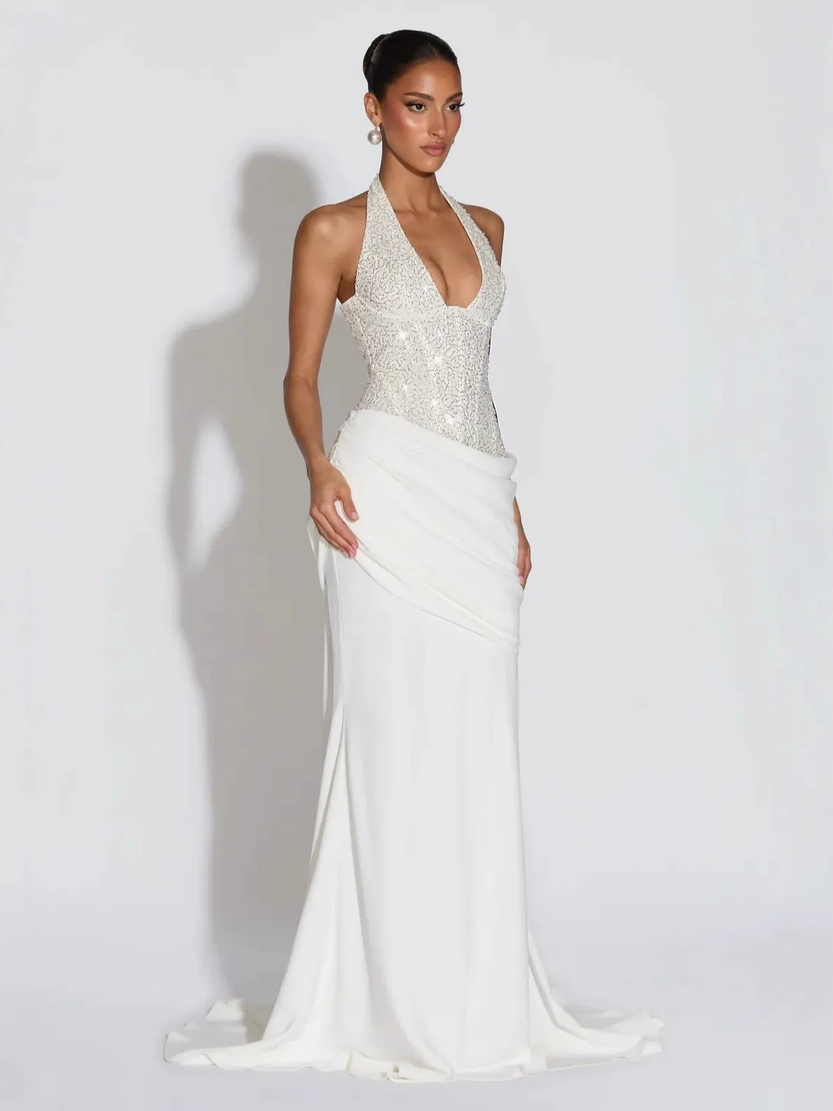 Halter Deep V Neck Cut Out Backless Ruched Maxi Dresses-Black Pre Order - Image 2