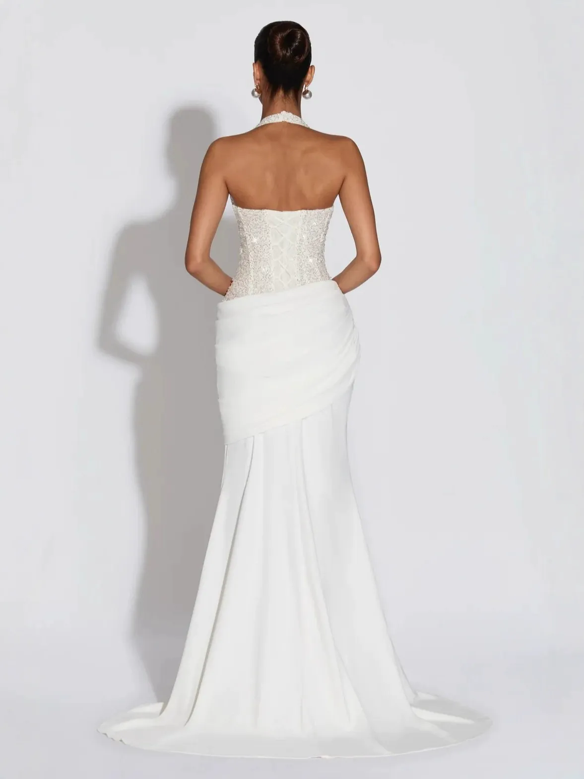 Halter Deep V Neck Cut Out Backless Ruched Maxi Dresses-Black Pre Order - Image 3