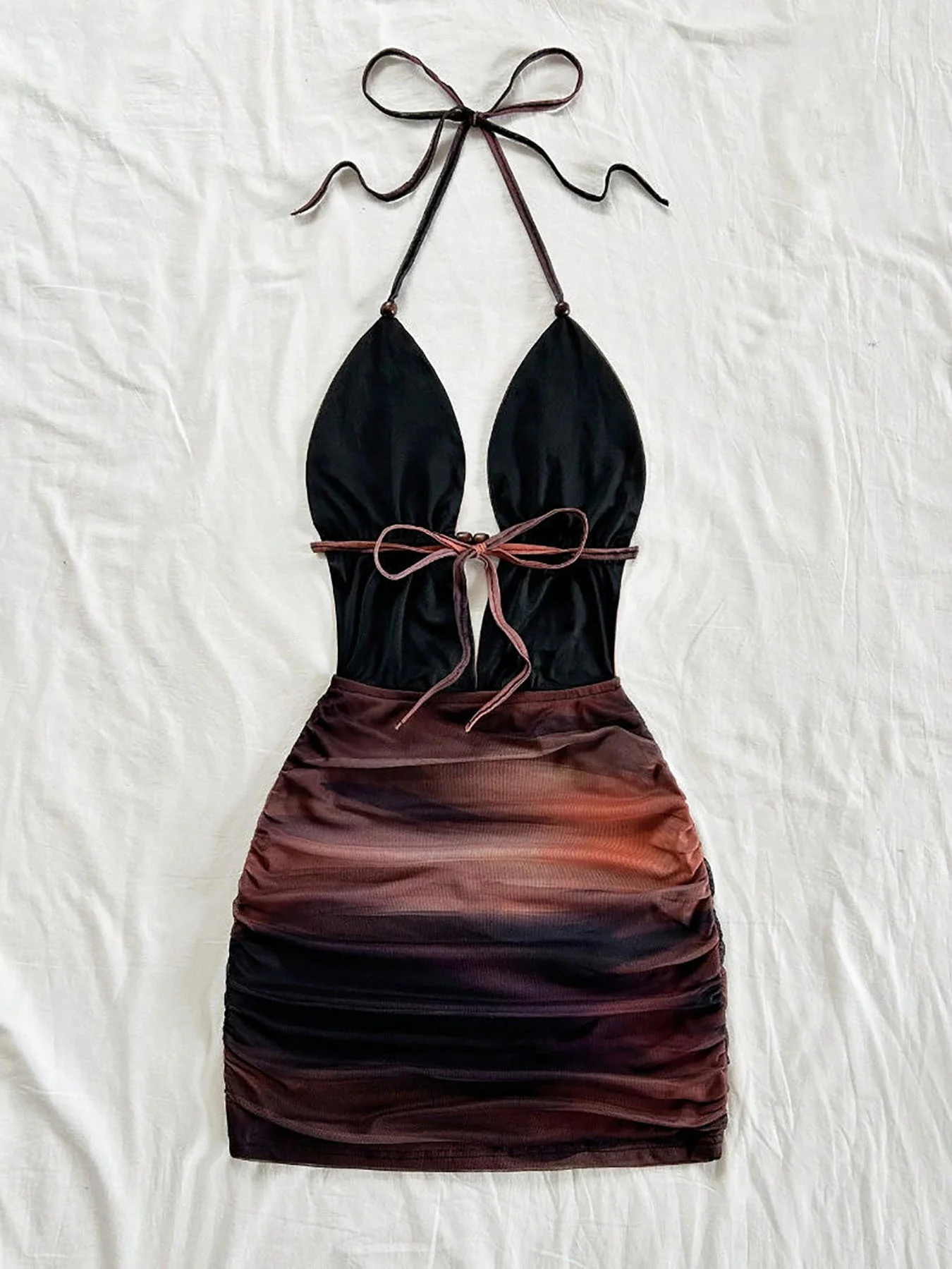 Halter Neck Cutout Floral Print Ruched Fitted Mini Dresses Red - Image 3