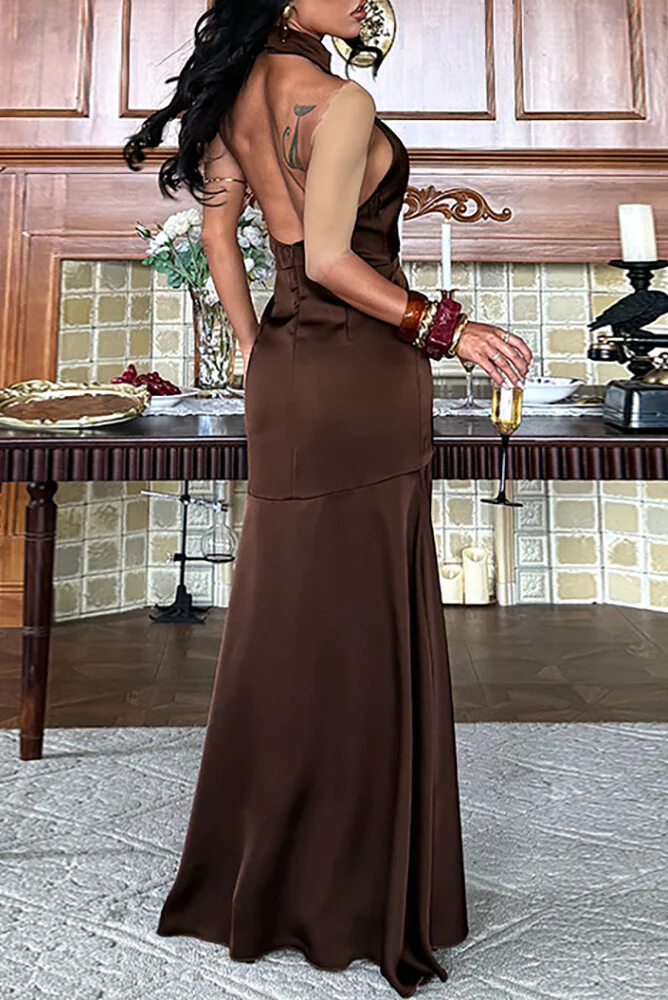 Halter Neck Solid Color Slim Fit High Slit Gowns Maxi Dresses-Brown - Image 4