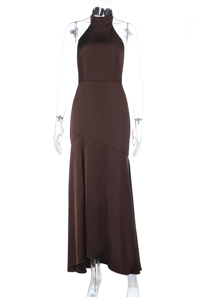 Halter Neck Solid Color Slim Fit High Slit Gowns Maxi Dresses-Brown - Image 6