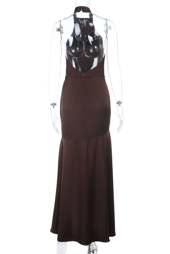 Halter Neck Solid Color Slim Fit High Slit Gowns Maxi Dresses-Brown - Image 7