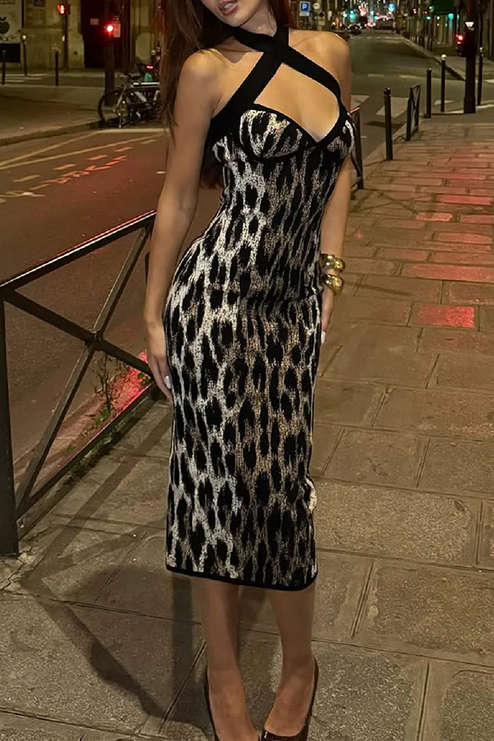 Halter V Neck Leopard Print Split Hem Bodycon Midi Dresses-Brown