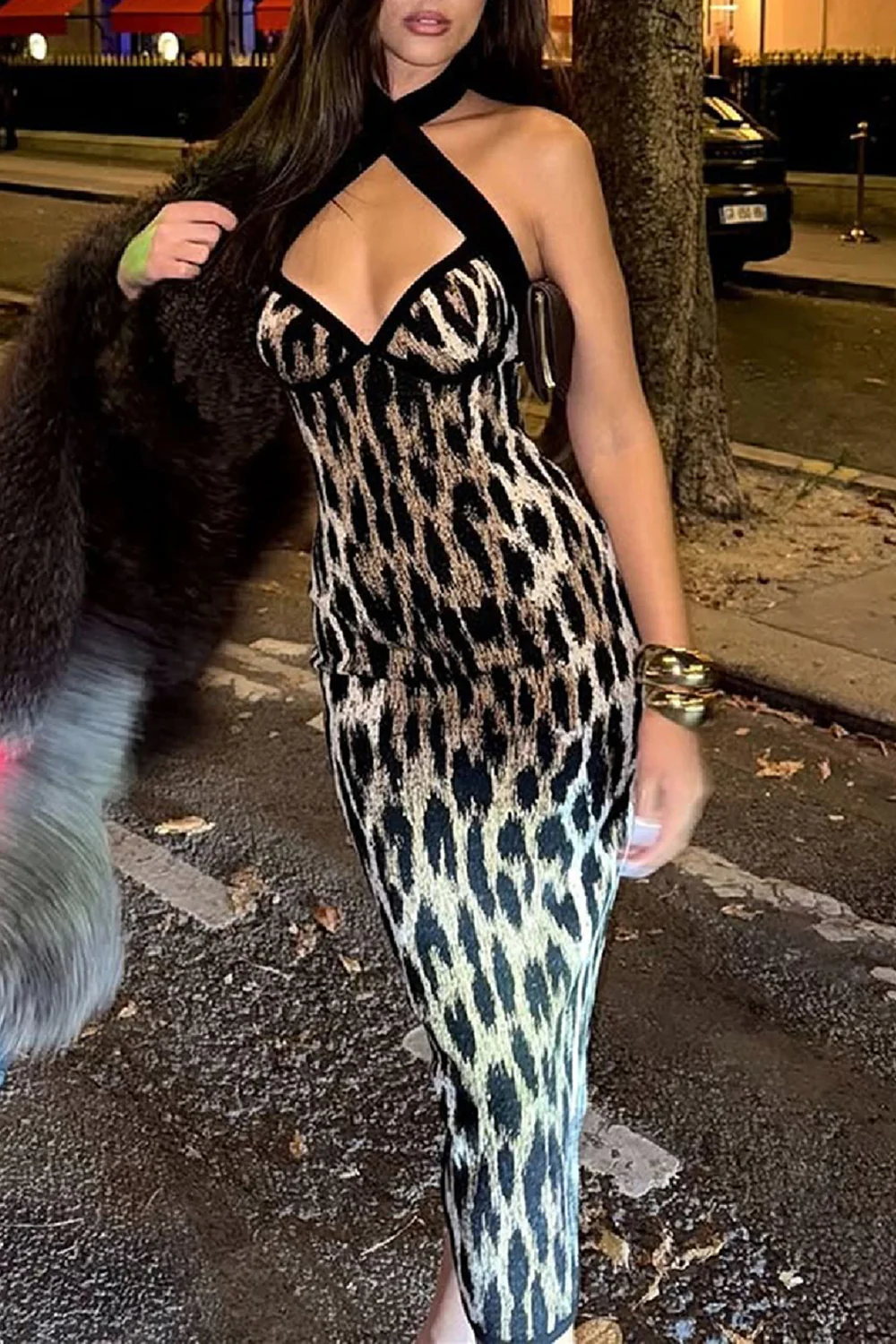 Halter V Neck Leopard Print Split Hem Bodycon Midi Dresses-Brown - Image 2