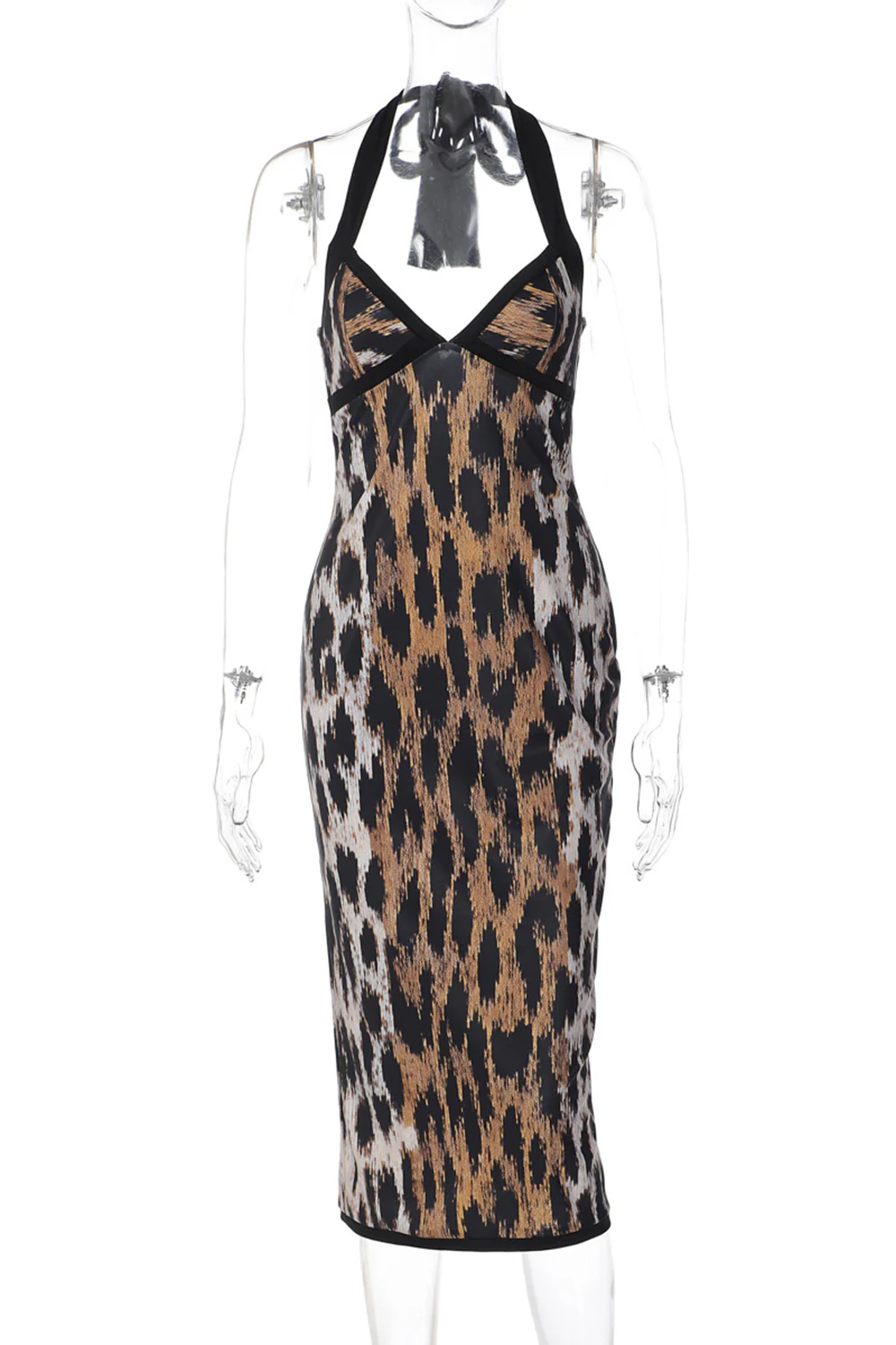 Halter V Neck Leopard Print Split Hem Bodycon Midi Dresses-Brown - Image 7