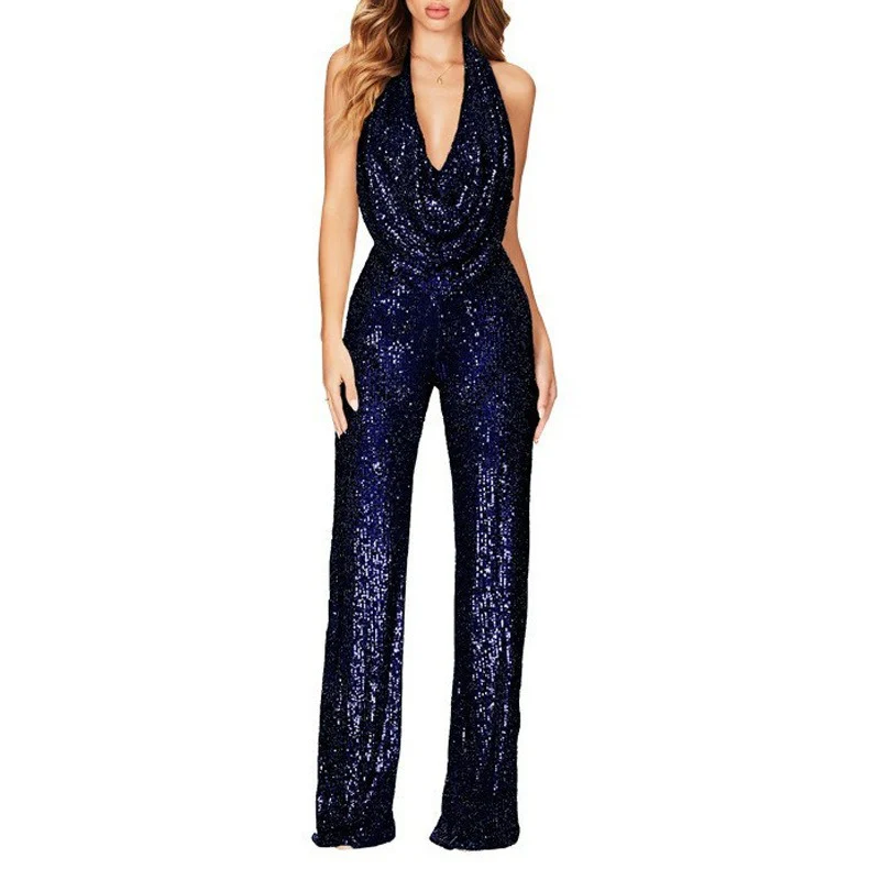 Halter V Neck Sequin Sash Top Bodycon Pants 2pcs Set-Black Pre Order