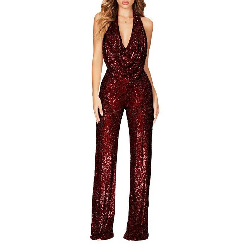 Halter V Neck Sequin Sash Top Bodycon Pants 2pcs Set-Black Pre Order - Image 2