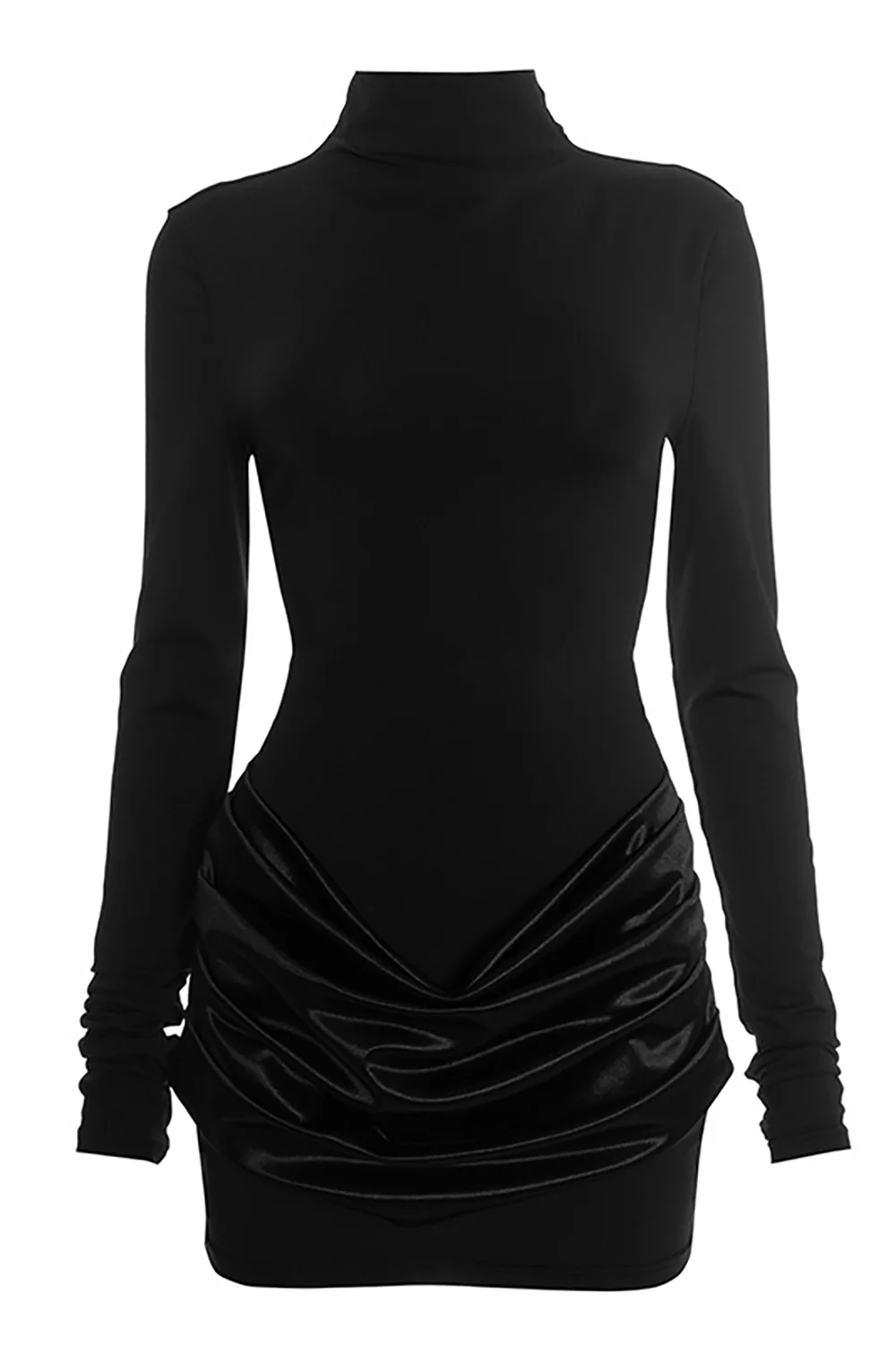 High Neck Long Sleeve Draped Design Bodycon Mini Dresses-Black - Image 5