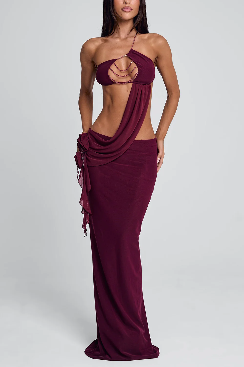 Irregular Halter Cut Out Sash Backless Party Maxi Dresses-Red Pre Order