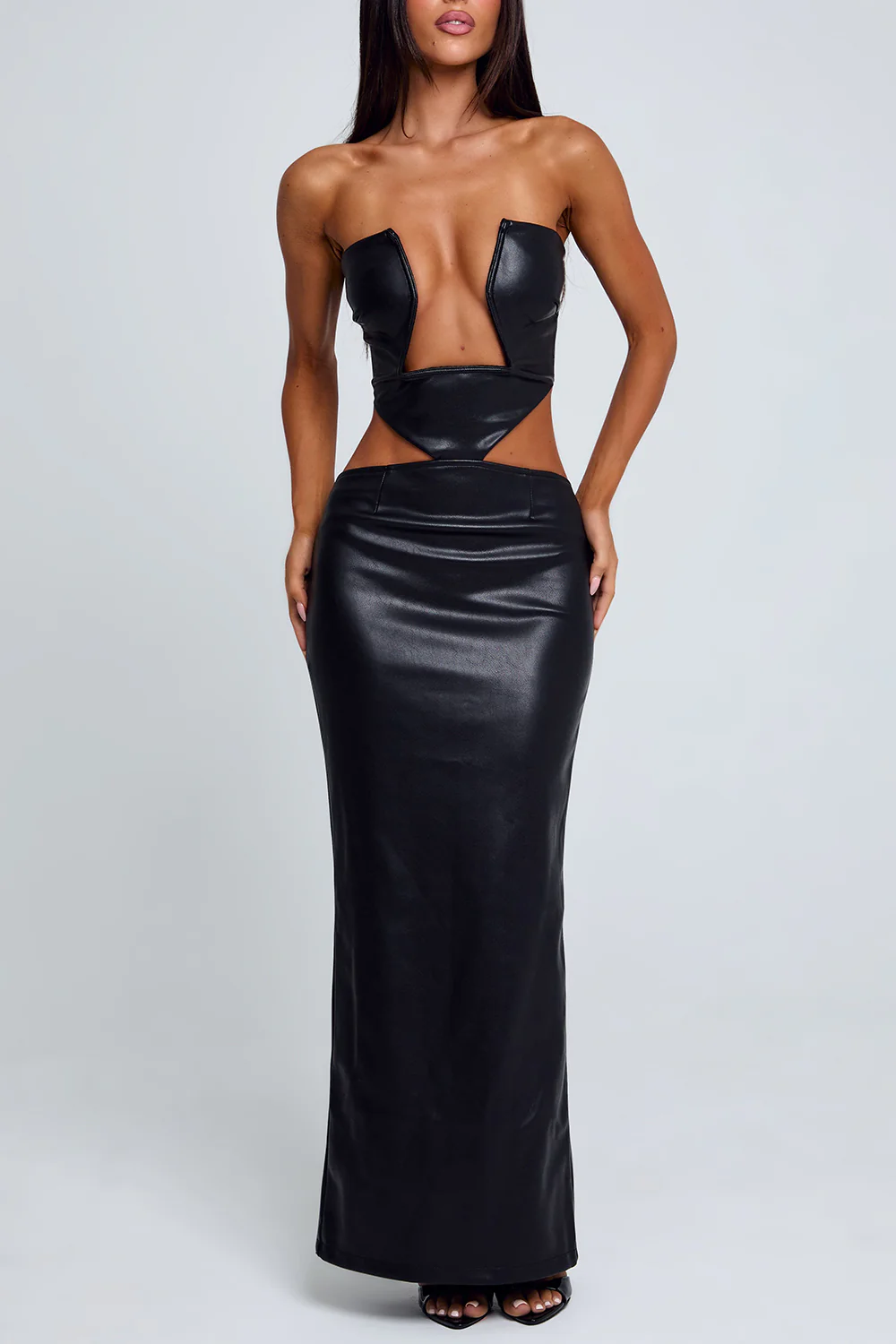 Irregular Neck Cutout PU Leather Party Tube Maxi Dresses-Black Pre Order - Image 2