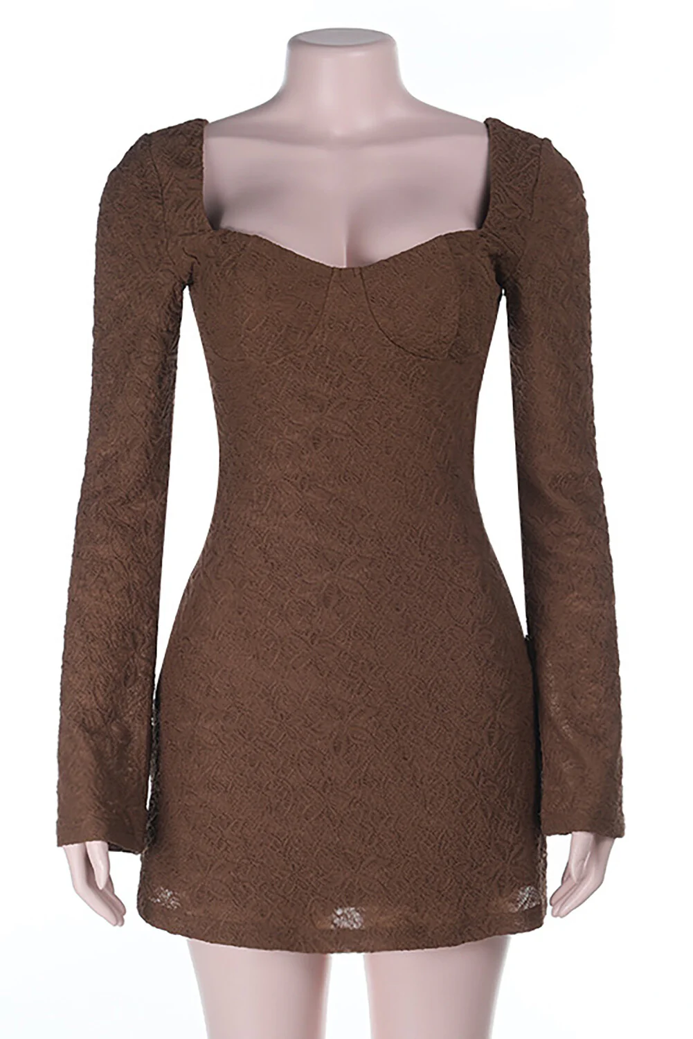 Irregular Neckline Long Sleeve Jacquard Lace Backless Mini Dresses-Brown - Image 7