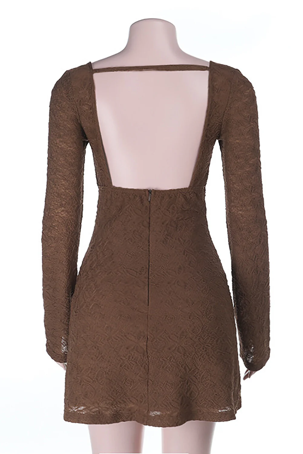 Irregular Neckline Long Sleeve Jacquard Lace Backless Mini Dresses-Brown - Image 8