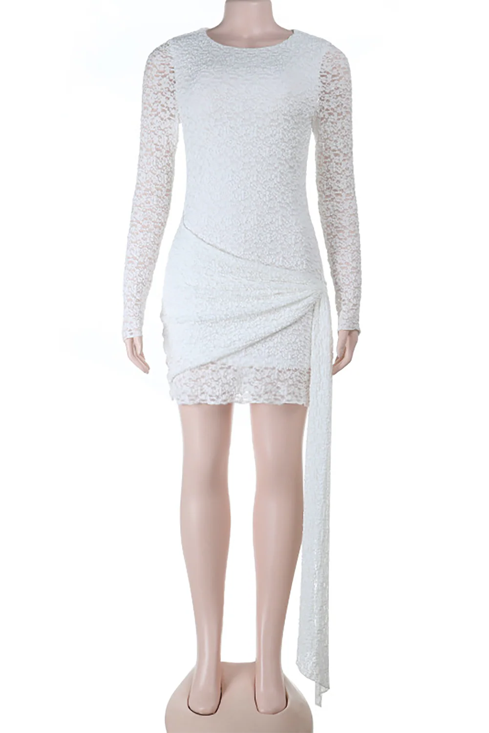 Jacquard Lace Round Neck Long Sleeve Long Sash Slim Fit Mini Dresses-White - Image 4