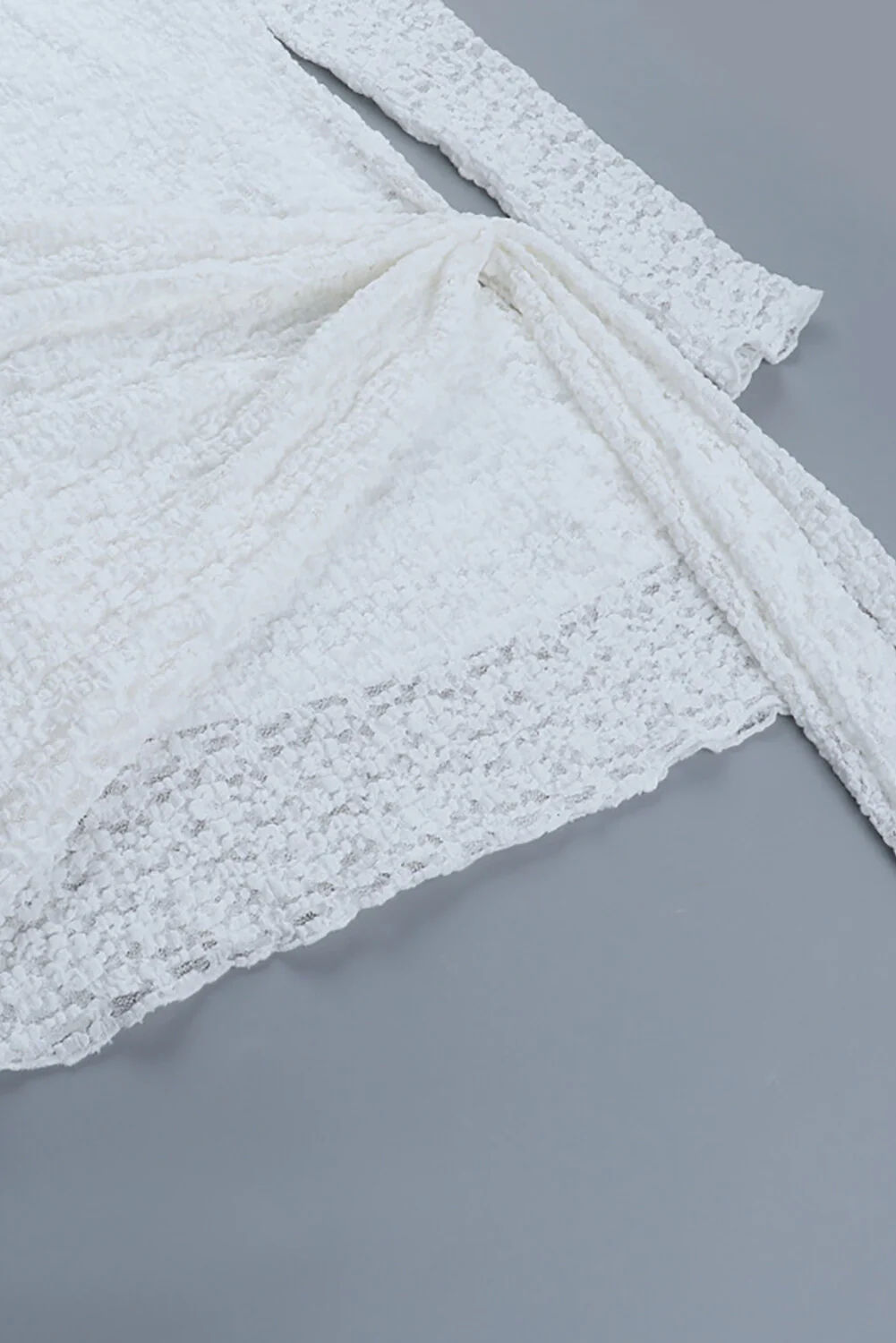 Jacquard Lace Round Neck Long Sleeve Long Sash Slim Fit Mini Dresses-White - Image 5