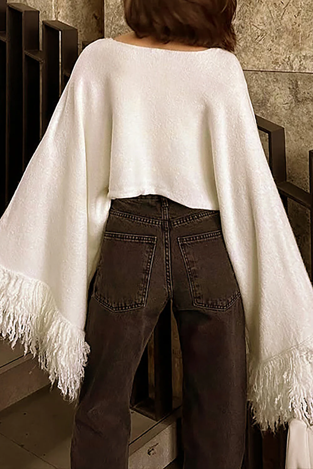 Knit Fringed Cuffs Flare Sleeve Loose Fit Sweater-Beige - Image 2