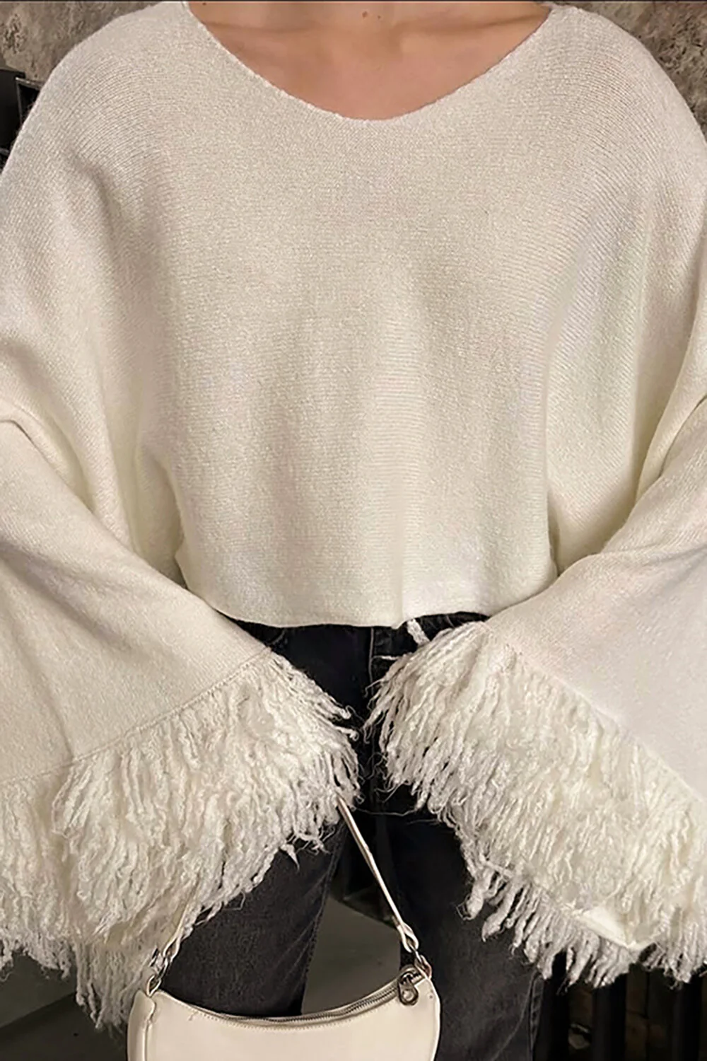 Knit Fringed Cuffs Flare Sleeve Loose Fit Sweater-Beige - Image 4