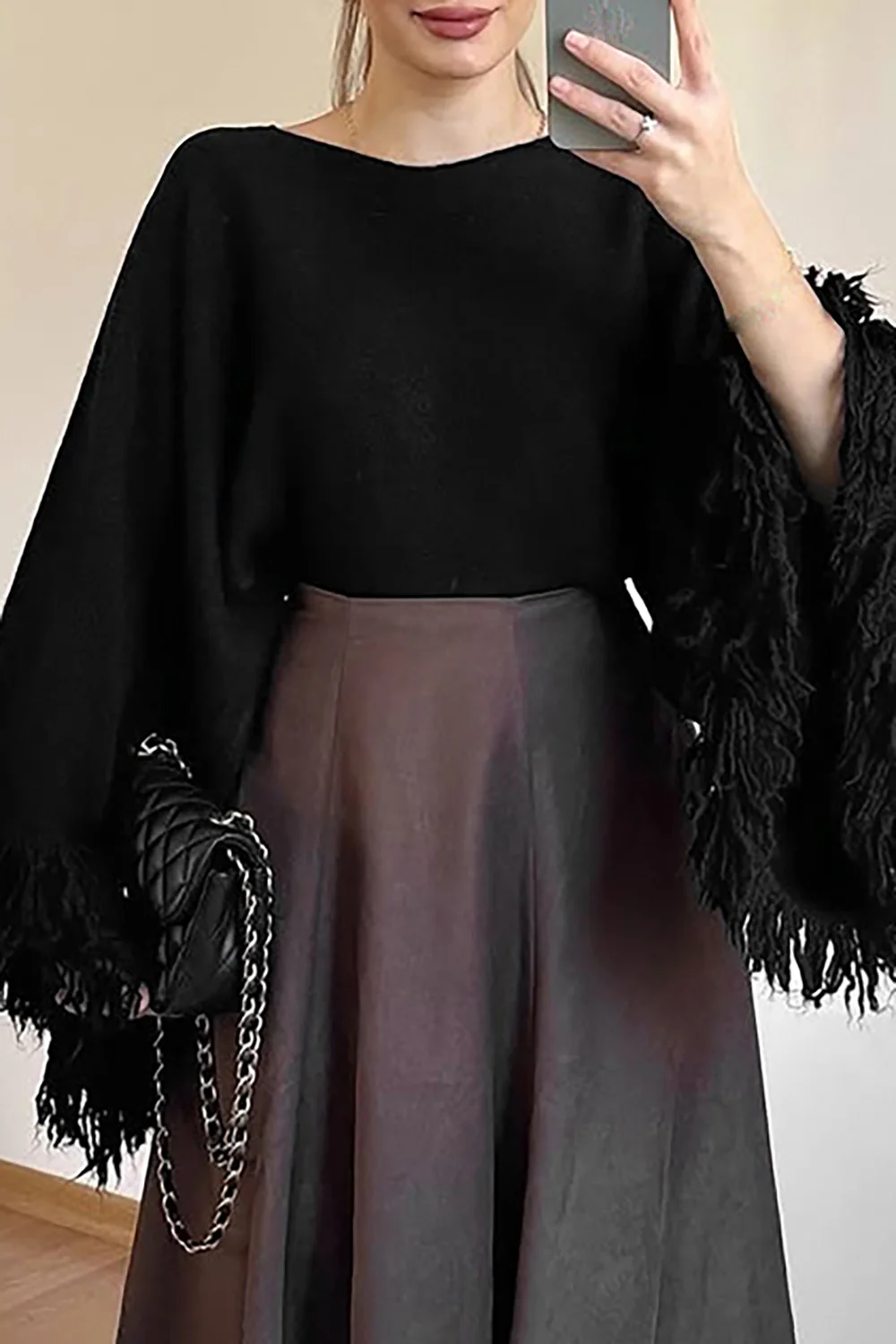 Knit Fringed Cuffs Flare Sleeve Loose Fit Sweater-Beige - Image 5
