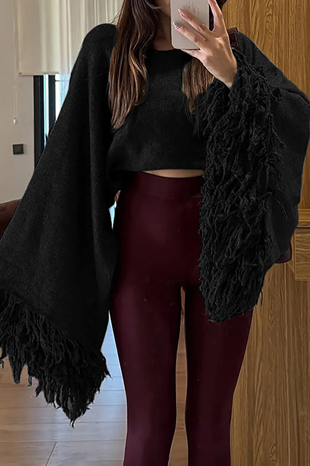 Knit Fringed Cuffs Flare Sleeve Loose Fit Sweater-Beige - Image 6