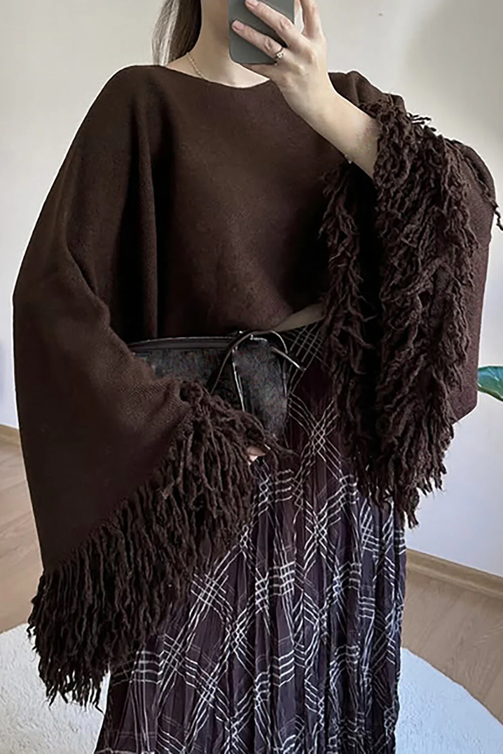 Knit Fringed Cuffs Flare Sleeve Loose Fit Sweater-Beige - Image 8