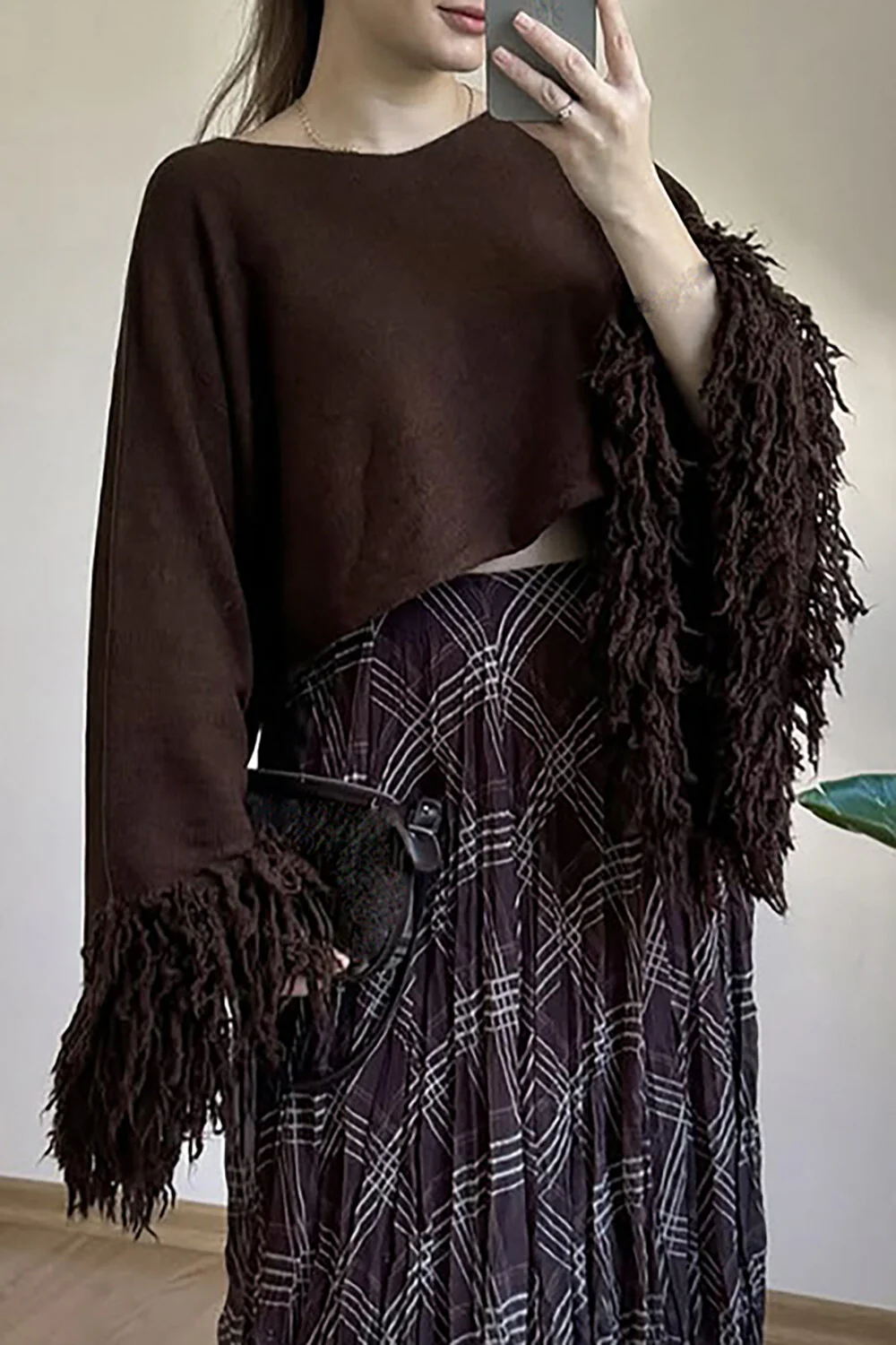 Knit Fringed Cuffs Flare Sleeve Loose Fit Sweater-Beige - Image 9