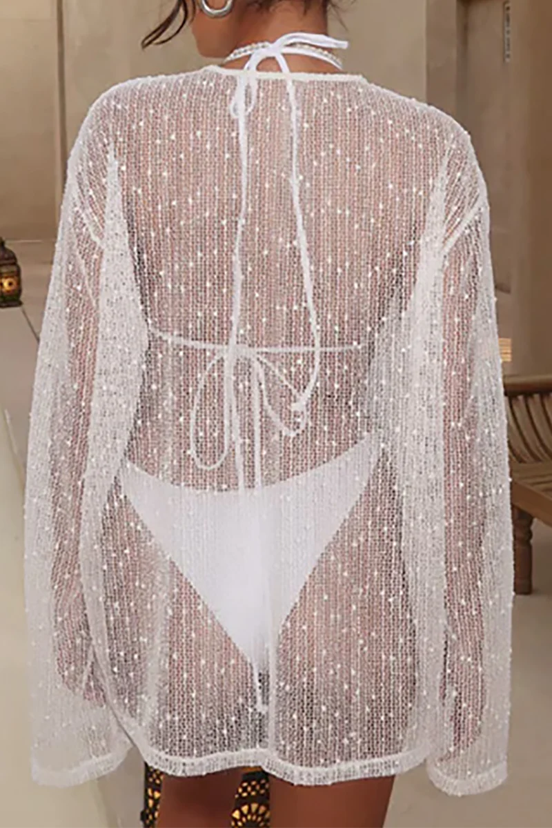 Knit Round Neck Long Sleeve Bikini Cover Ups Top White - Image 3