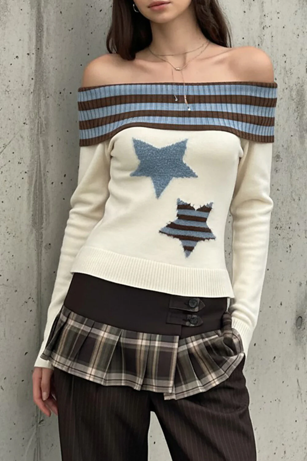 Knit Striped Stars Pattern Off Shoulder Long Sleeve Sweater-Beige - Image 2