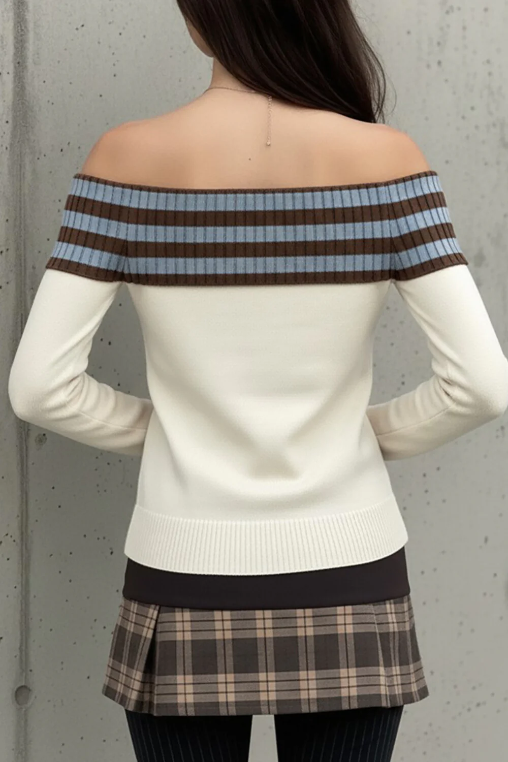 Knit Striped Stars Pattern Off Shoulder Long Sleeve Sweater-Beige - Image 4
