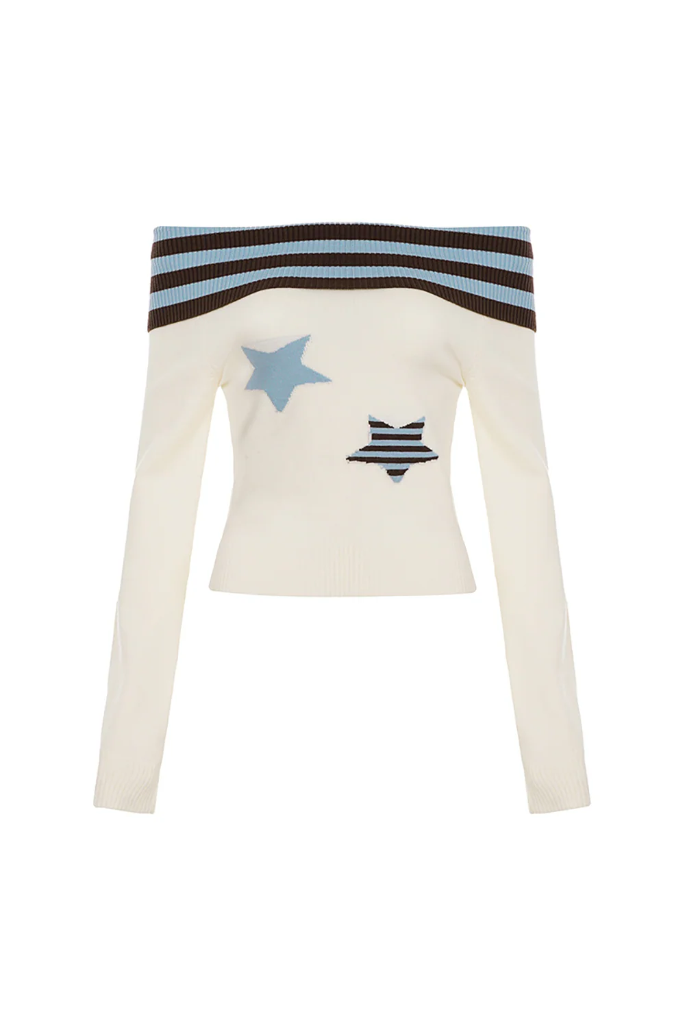 Knit Striped Stars Pattern Off Shoulder Long Sleeve Sweater-Beige - Image 5