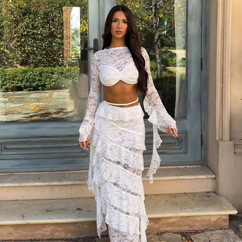 Lace Flare Sleeve Crop Top Ruffled High Low Maxi Skirt 2pcs Set - Image 2