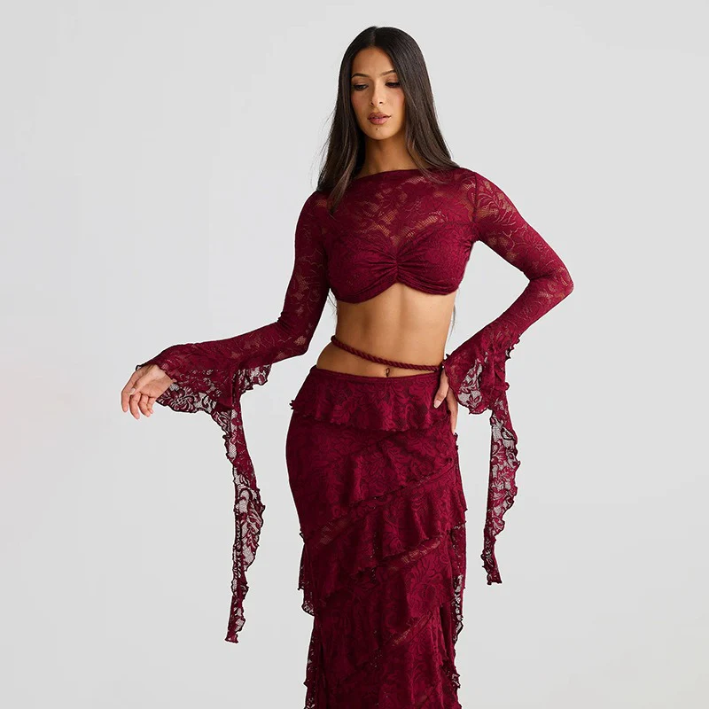Lace Flare Sleeve Crop Top Ruffled High Low Maxi Skirt 2pcs Set - Image 3