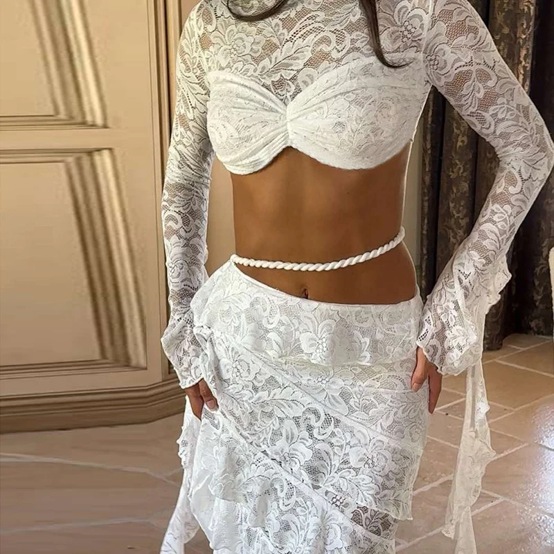 Lace Flare Sleeve Crop Top Ruffled High Low Maxi Skirt 2pcs Set - Image 4