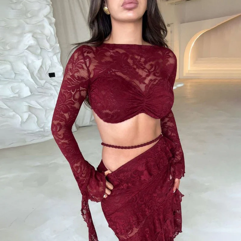 Lace Flare Sleeve Crop Top Ruffled High Low Maxi Skirt 2pcs Set - Image 5