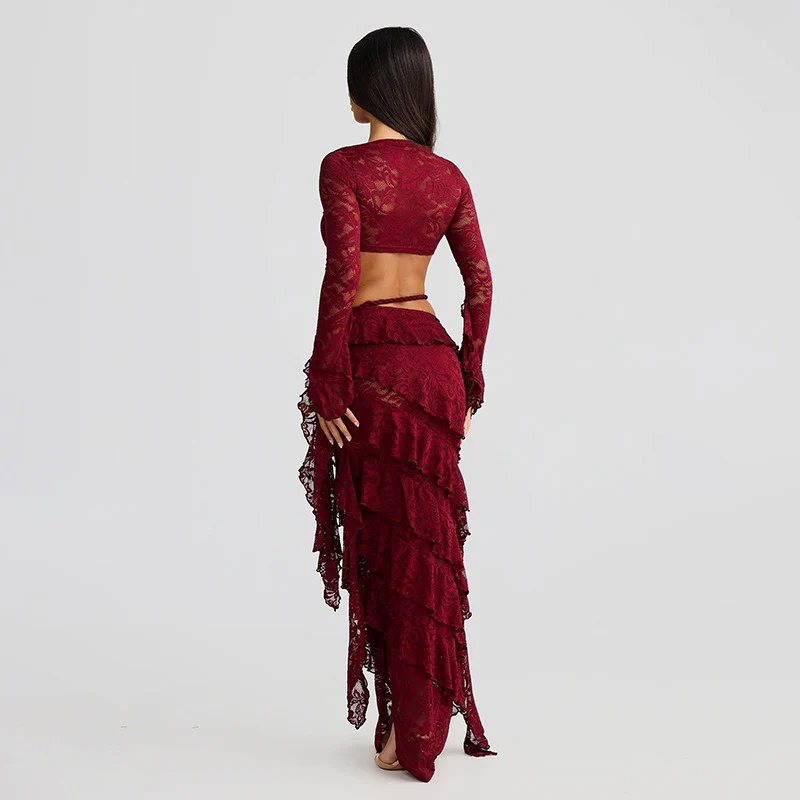 Lace Flare Sleeve Crop Top Ruffled High Low Maxi Skirt 2pcs Set - Image 6