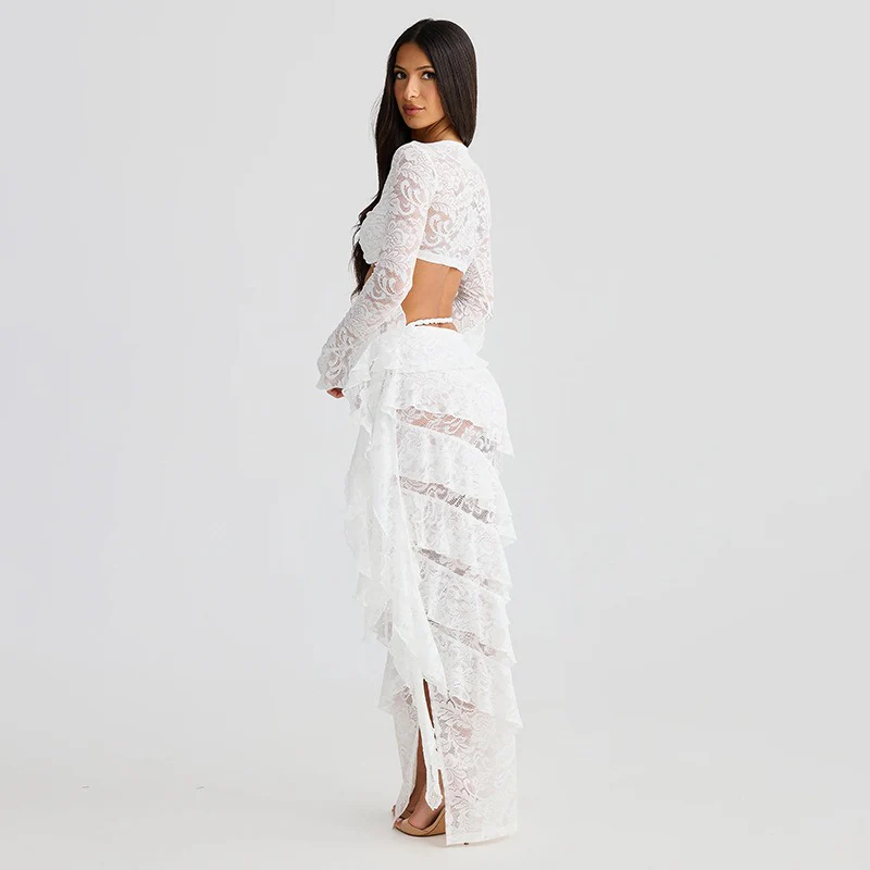 Lace Flare Sleeve Crop Top Ruffled High Low Maxi Skirt 2pcs Set - Image 7