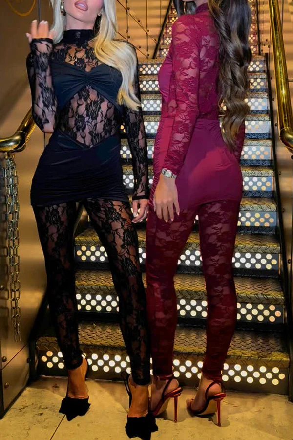 Lace High-Nieck Long-Sleeved One-Piece Dress + Two-Piece Layered Pants Set - Image 3