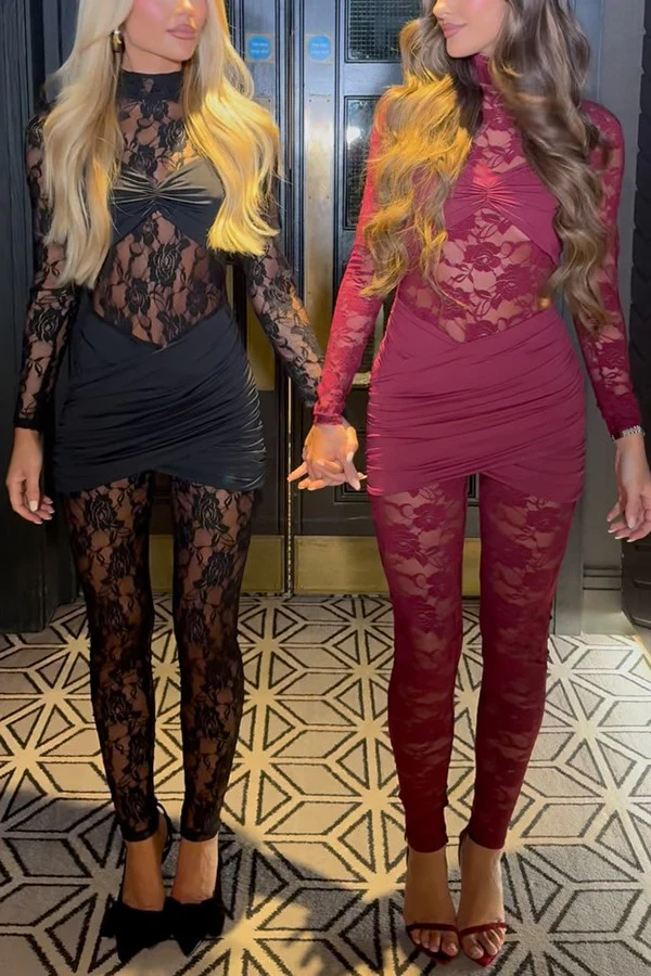 Lace High-Nieck Long-Sleeved One-Piece Dress + Two-Piece Layered Pants Set - Image 4