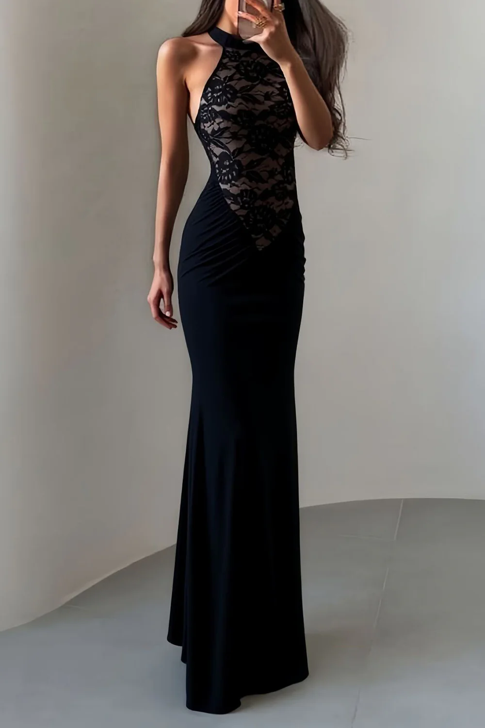 Lace Patchwork Halter Collar Backless Bodycon Party Maxi Dresses-Black