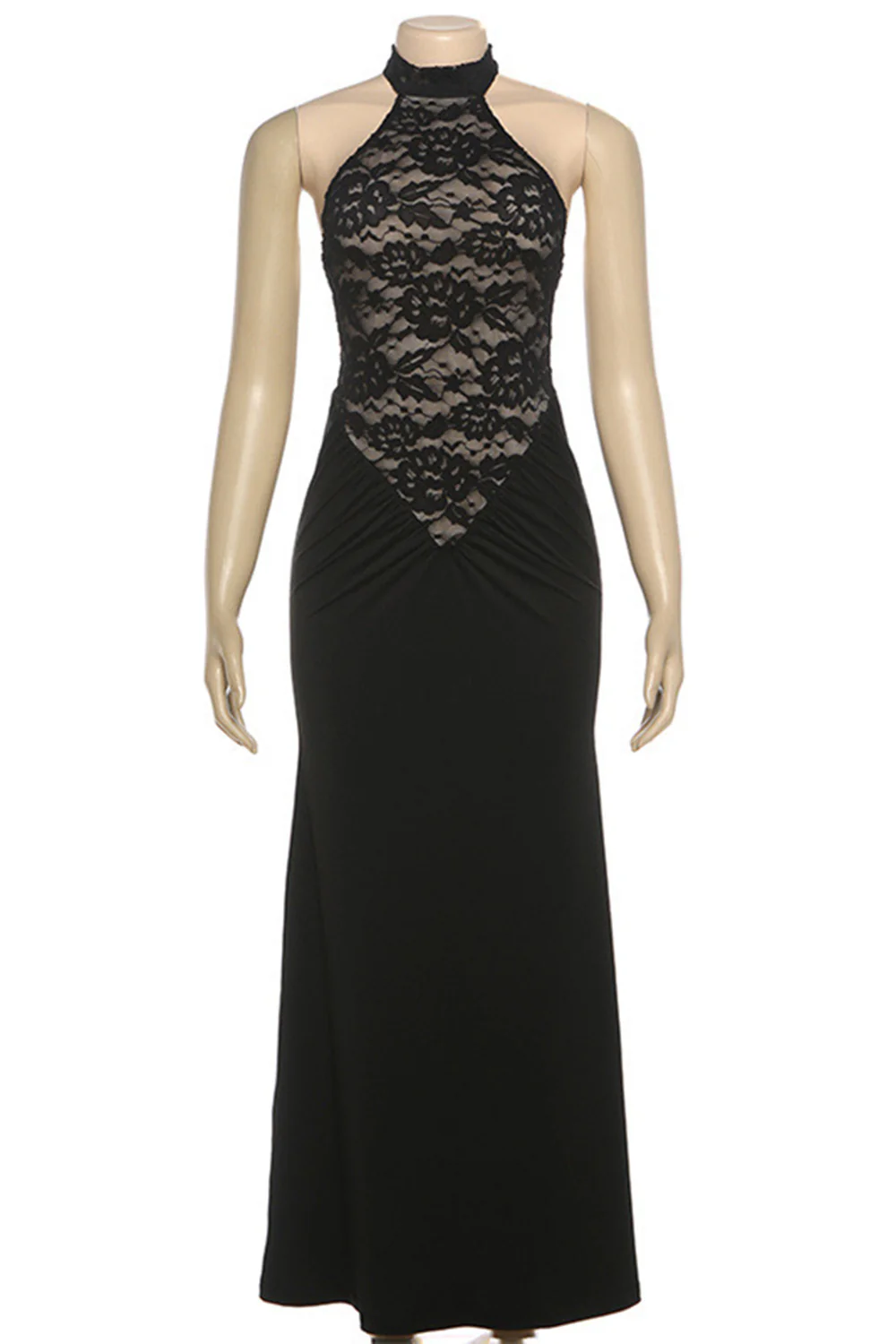 Lace Patchwork Halter Collar Backless Bodycon Party Maxi Dresses-Black - Image 5