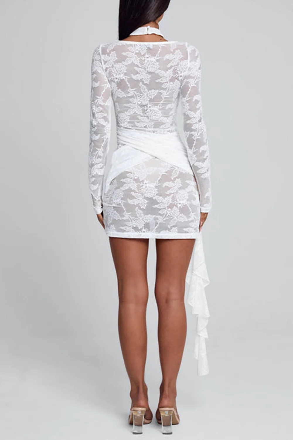 Lace Patchwork Long Sleeve Cross Strap Cutout Mini Dresses-White Pre Order - Image 4