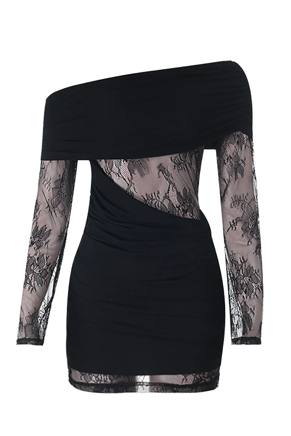 Lace Patchwork Long Sleeve Off Shoulder Ruched Fitted Mini Dresses-Black - Image 6
