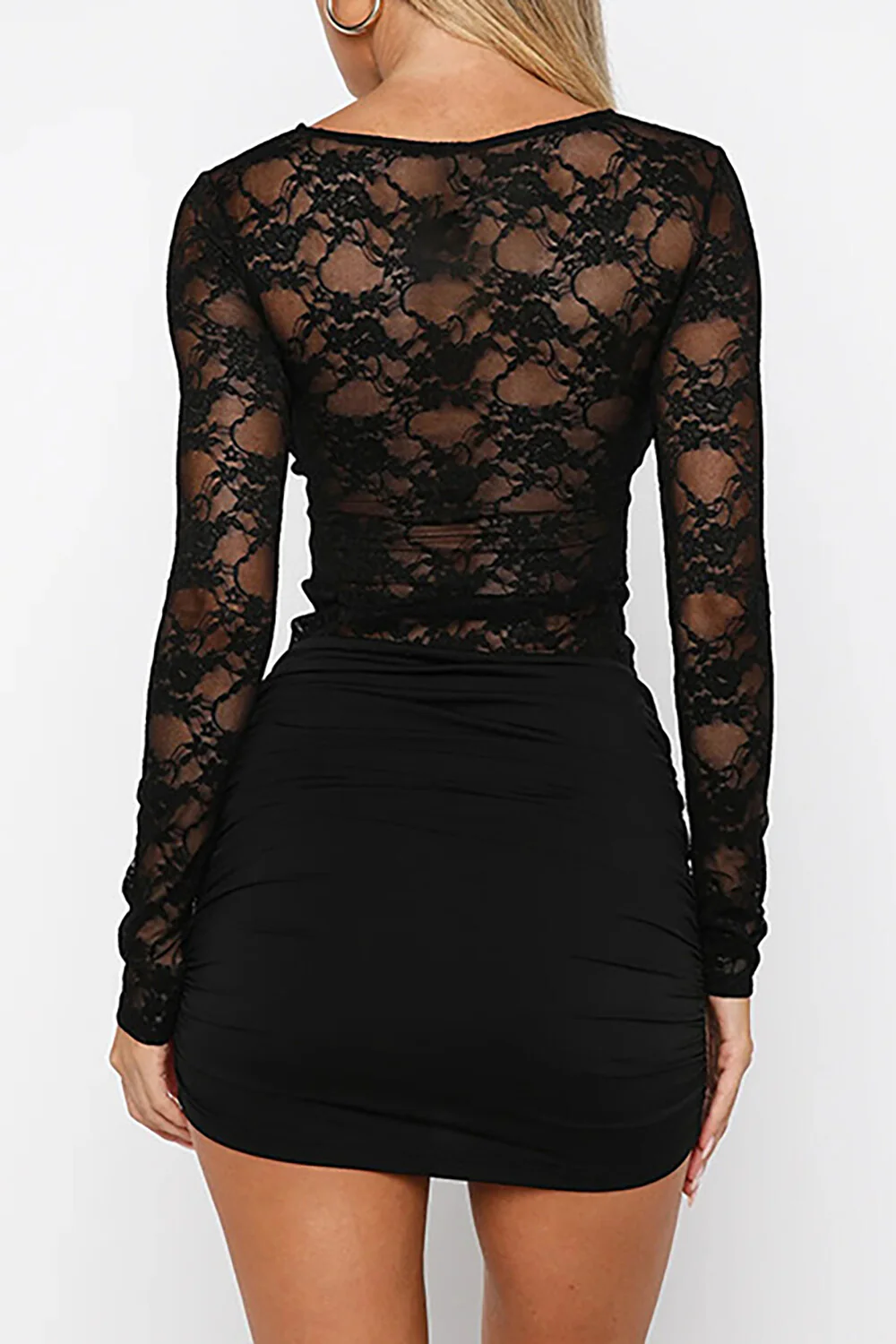 Lace Patchwork Round Neck Long Sleeve Ruched Bodycon Mini Dresses-Black - Image 6
