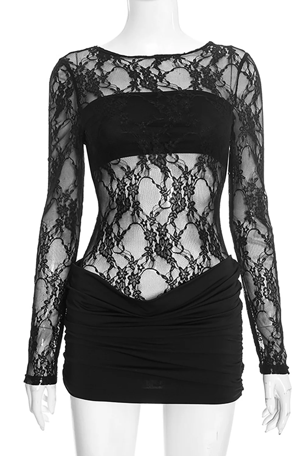Lace Patchwork Round Neck Long Sleeve Ruched Bodycon Mini Dresses-Black - Image 7