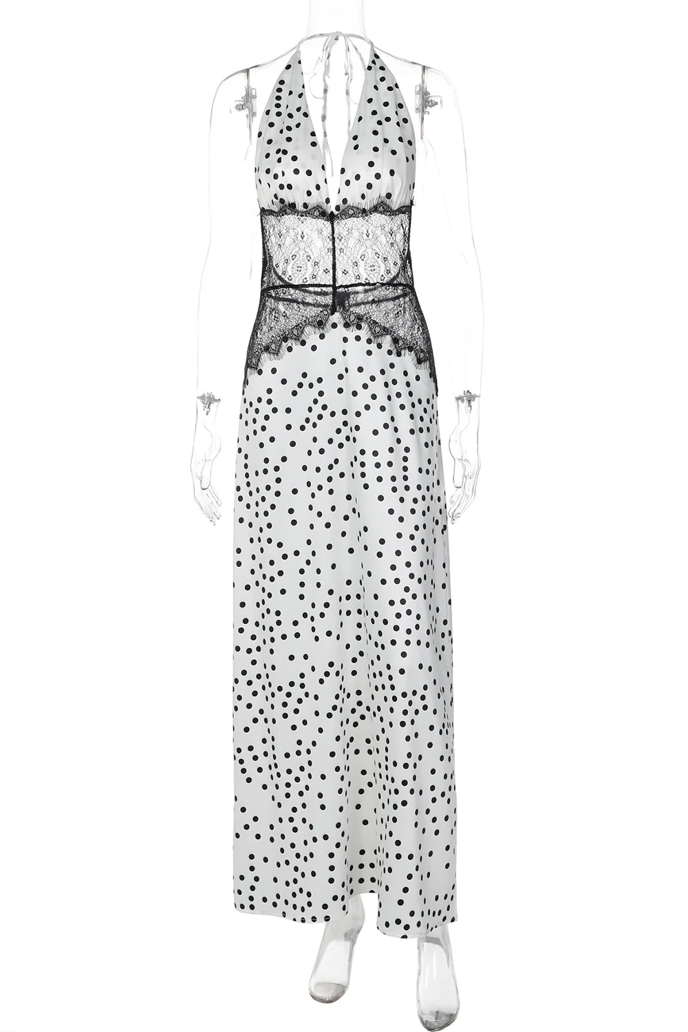 Lace Patchwork V Neck Halter Polka Dot Print Slim Fit Maxi Dresses-White - Image 5