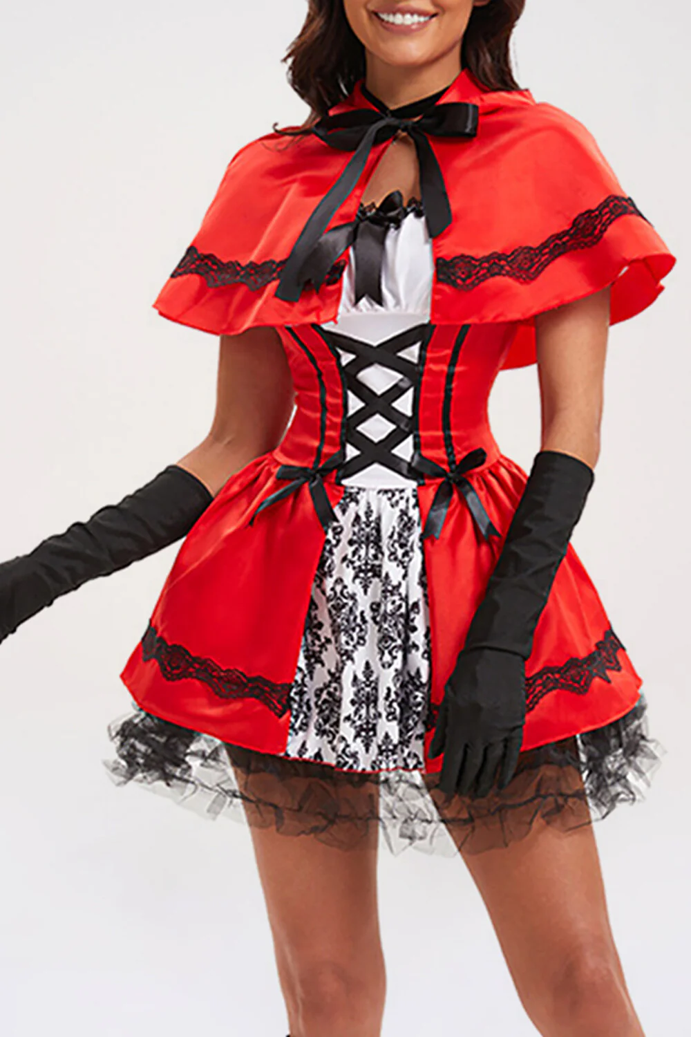 Lace Up Cinch Waist Colorblock Mini Dresses Hooded Shawl Halloween Set-Red - Image 2