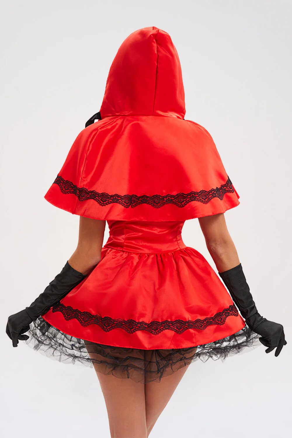 Lace Up Cinch Waist Colorblock Mini Dresses Hooded Shawl Halloween Set-Red - Image 3
