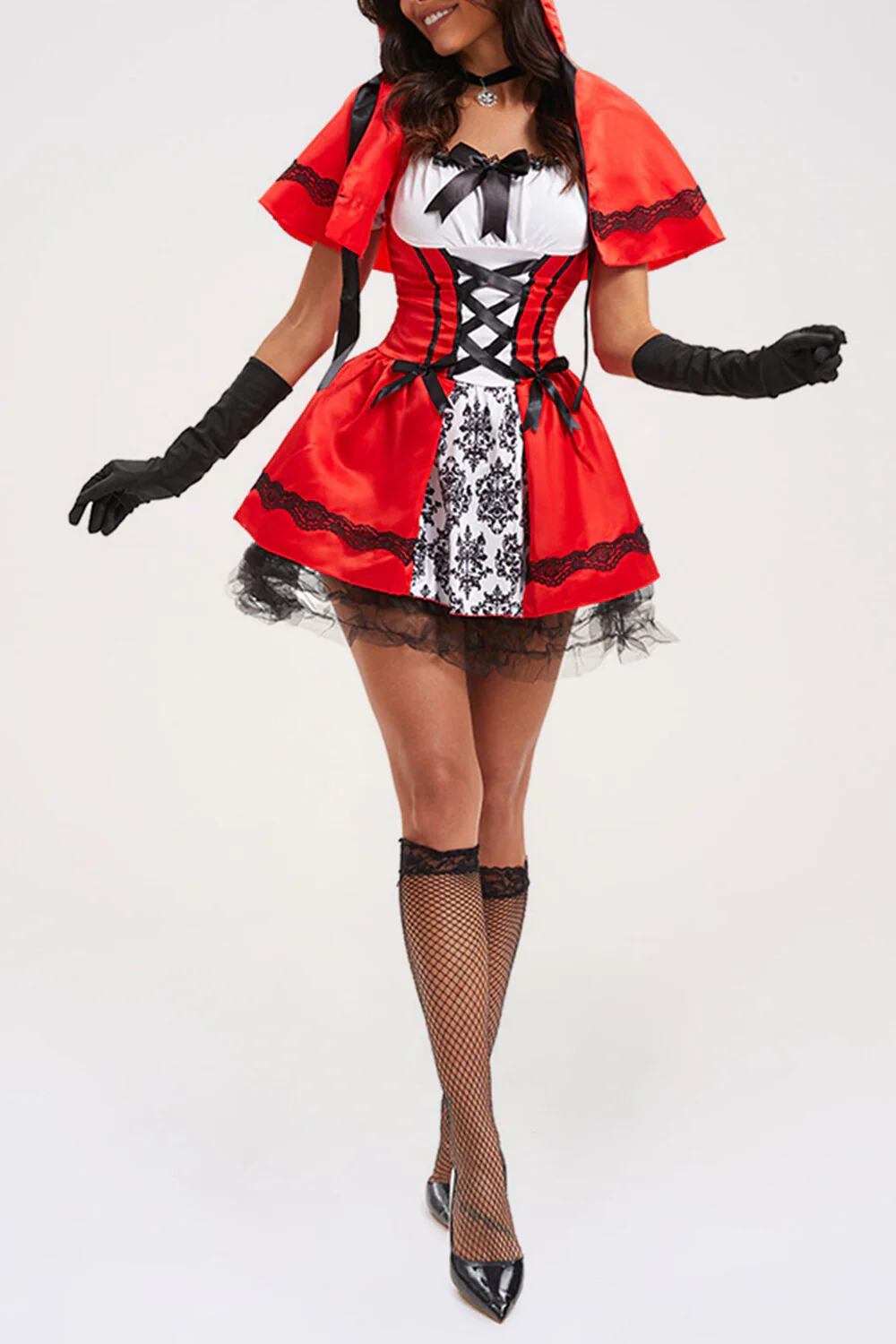Lace Up Cinch Waist Colorblock Mini Dresses Hooded Shawl Halloween Set-Red - Image 4