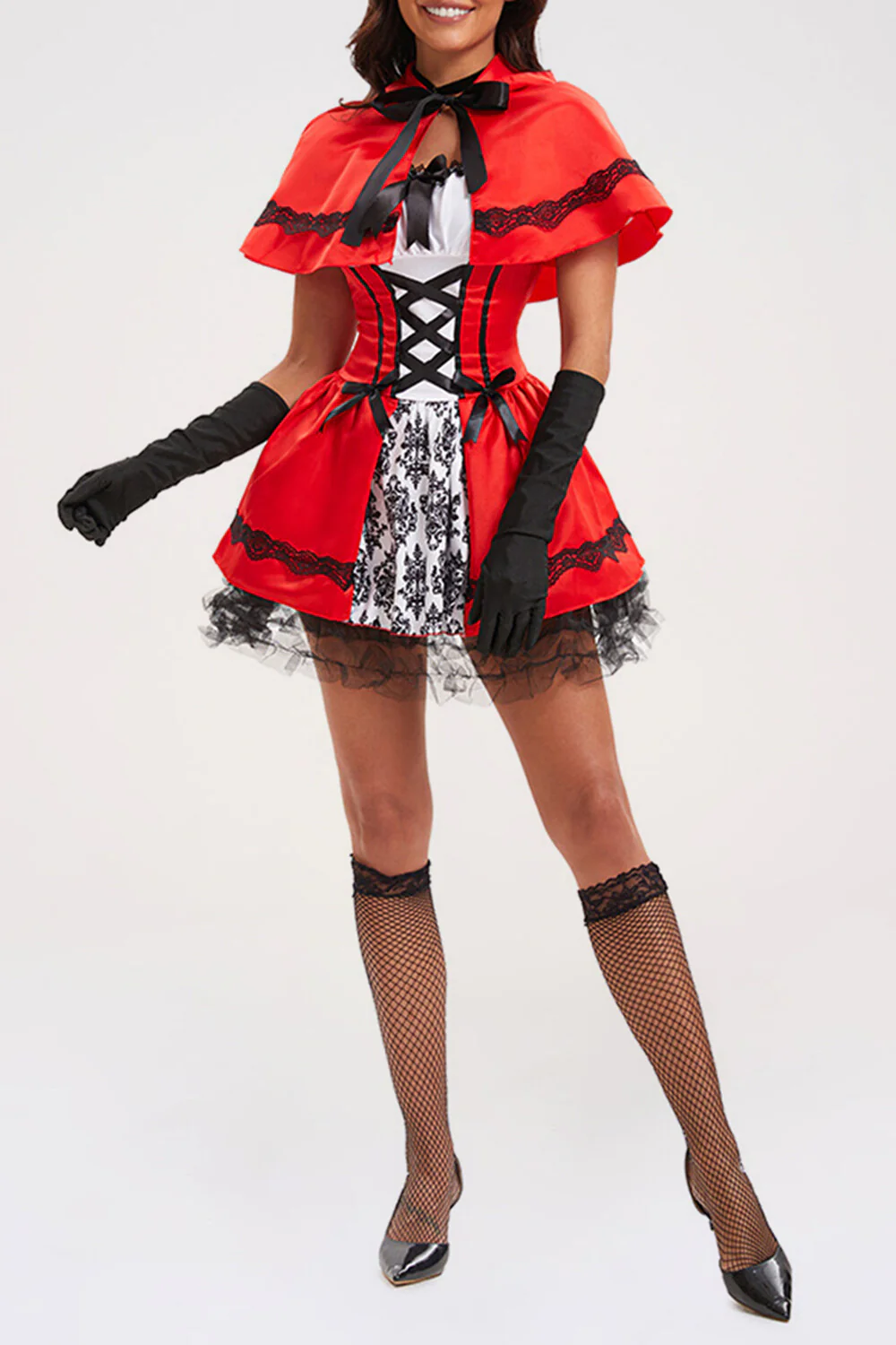 Lace Up Cinch Waist Colorblock Mini Dresses Hooded Shawl Halloween Set-Red - Image 5