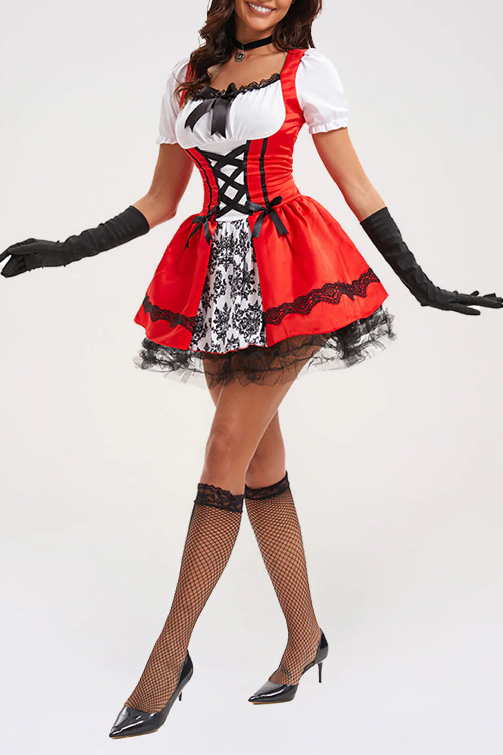 Lace Up Cinch Waist Colorblock Mini Dresses Hooded Shawl Halloween Set-Red - Image 6