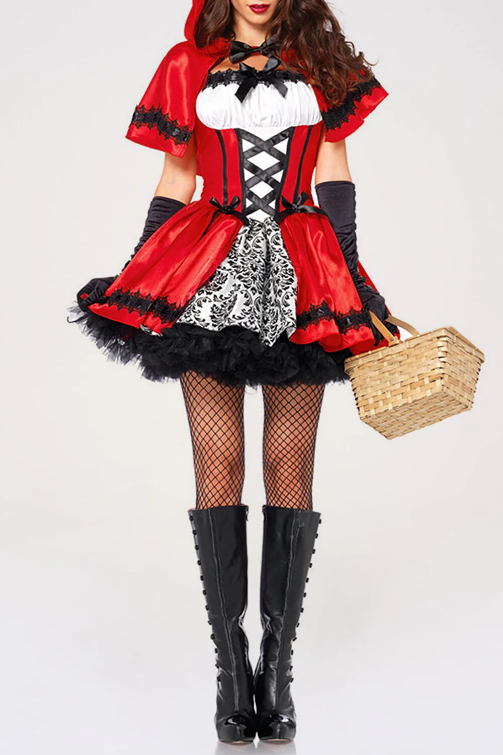 Lace Up Cinch Waist Colorblock Mini Dresses Hooded Shawl Halloween Set-Red - Image 7